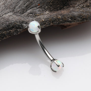 Detail View 1 of Fire Opal Claw Prong Set Sparkle Internally Threaded Curved Barbell-White Opal